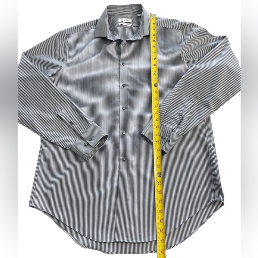 Calvin Klein Non Iron Slim Fit Striped Button Down Shirt Men 16 34/35 Gray White - Picture 4 of 6